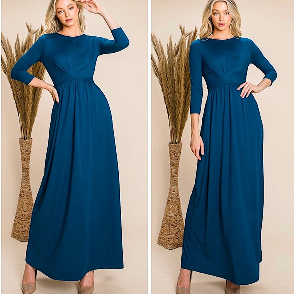 💼 Teal Front Twist 3/4 Sleeve Boho Maxi Dress